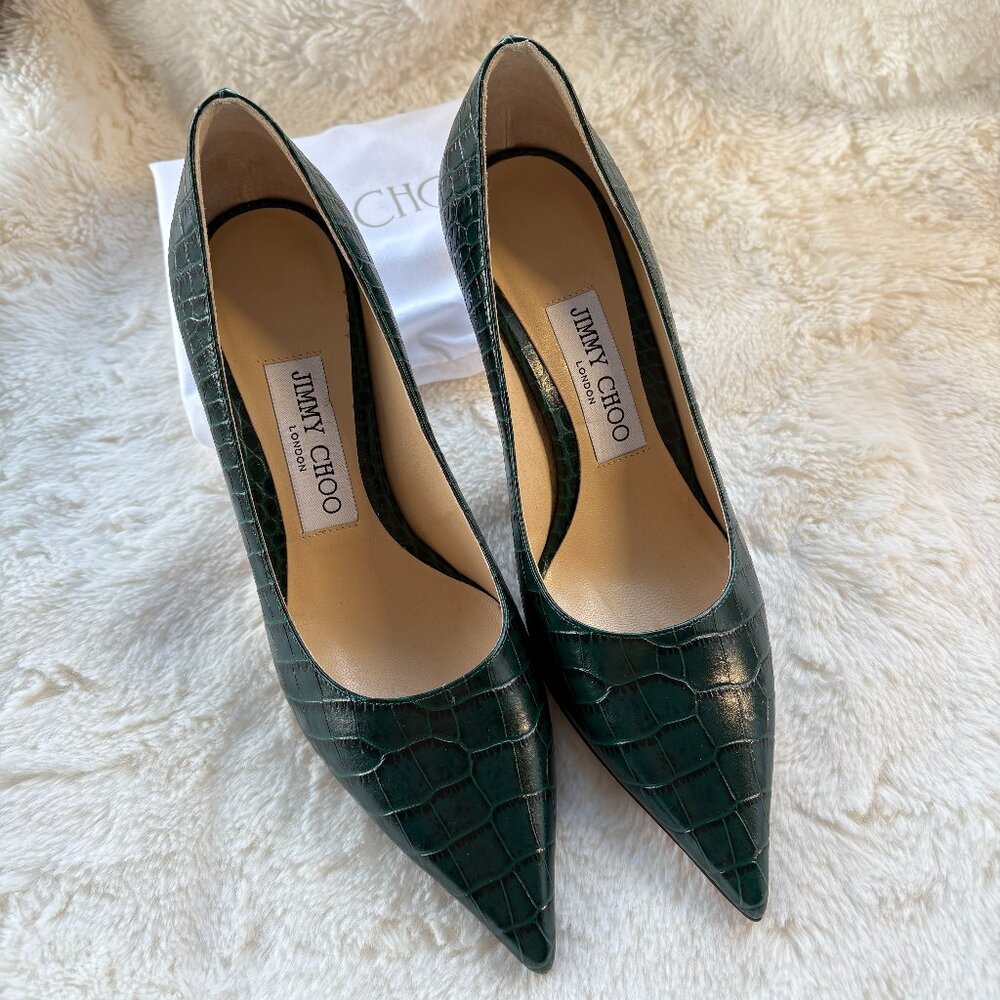 Jimmy Choo Love 85 Dark Green Croc Embossed Pointed Toe Pumps Size 35.5